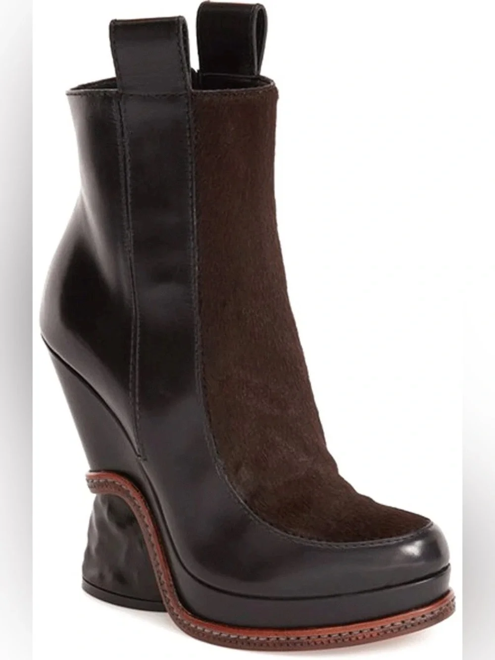 Fendi Black Leather & Dark Brown Suede Sculpted Wedge Ankle Boots